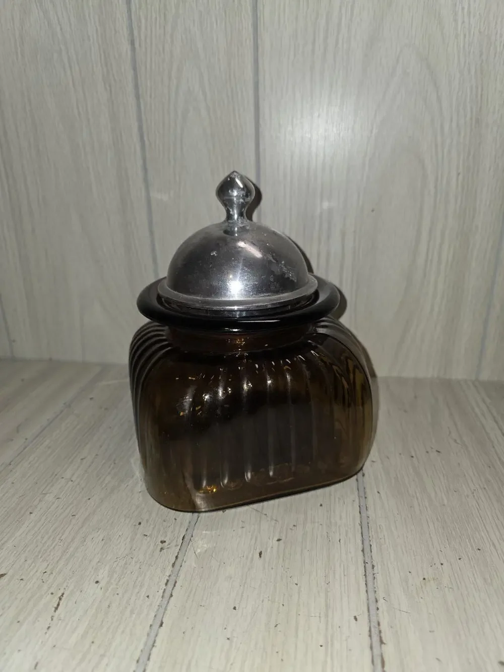 Vintage Artland Ribbed Glass Canister Jar 10” Amber Brown Pewter Lid Apothecary